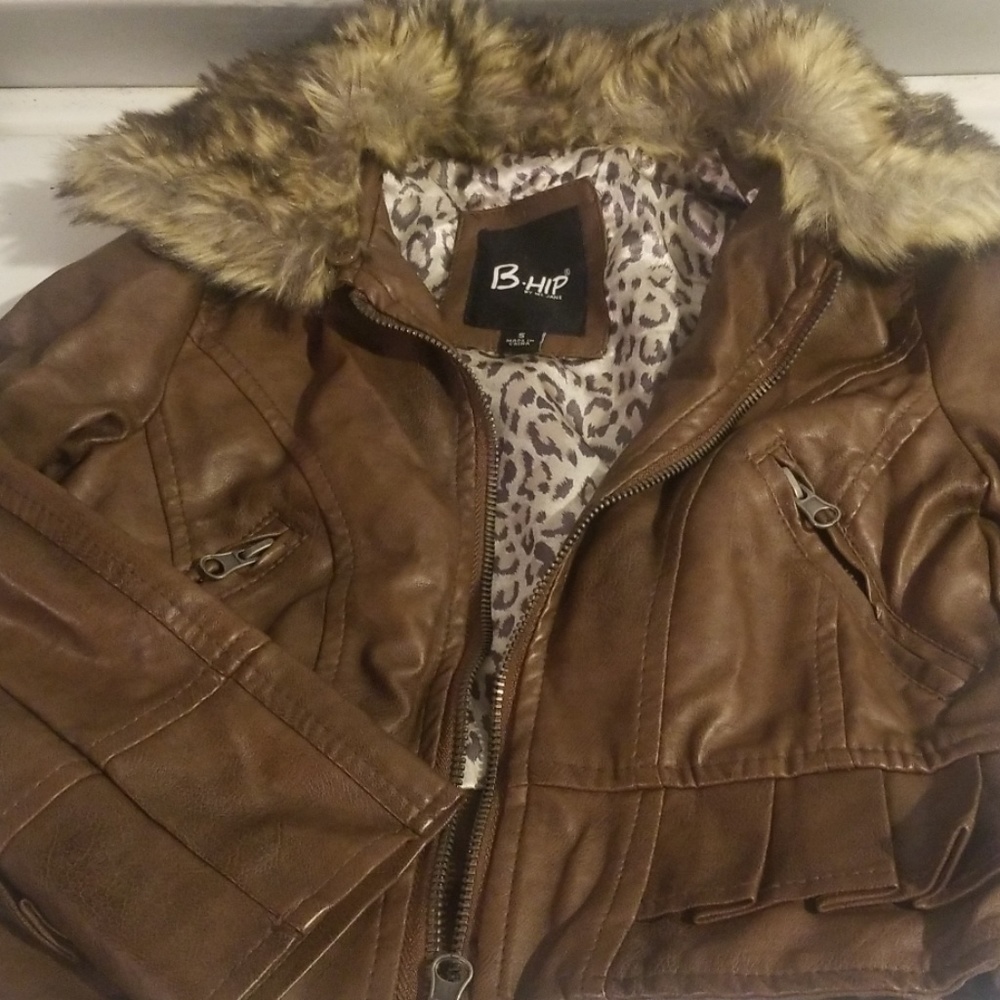 Brown faux leather and fur girls jacket